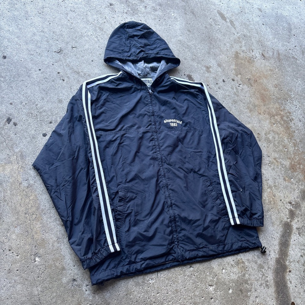 Aeropostale 1987 Mens XL Navy Blue Hooded Windbreaker Jacket Side Stripe Vintage